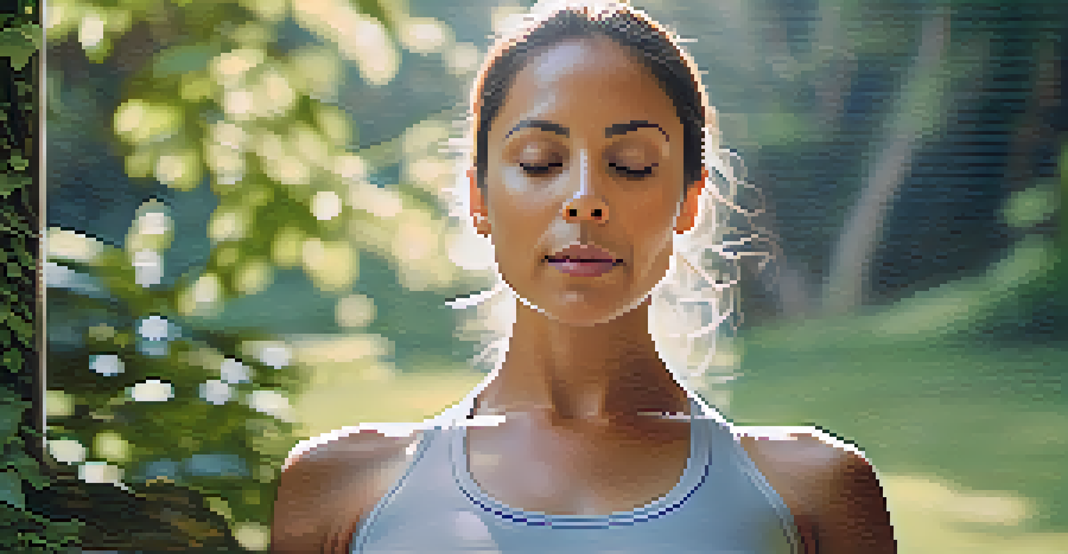 A close-up of a serene yoga practitioner meditating outdoors, surrounded by trees and soft sunlight.
