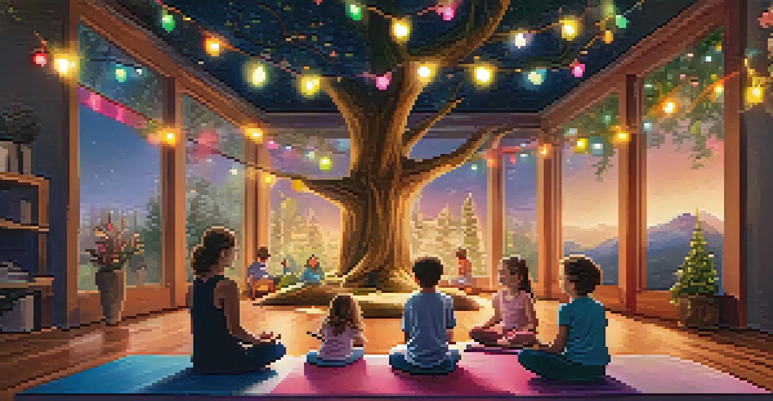 A family doing Storytime Yoga in a colorful room, with one parent reading a story and children performing yoga poses.
