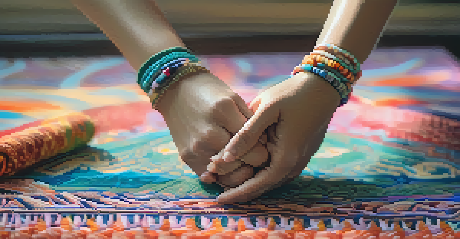 Close-up of hands in a gentle yoga pose on a colorful yoga mat, creating a sense of mindfulness.
