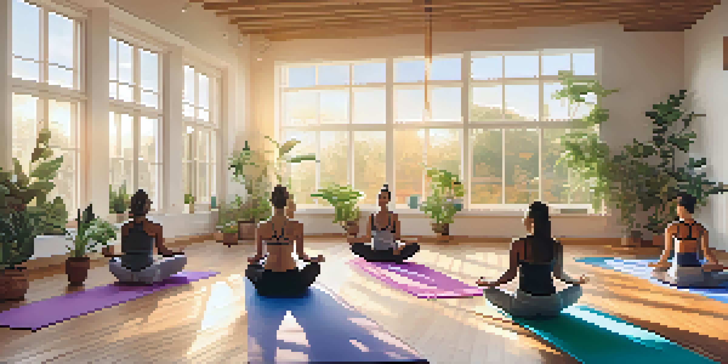 A diverse group of individuals practicing yoga in a sunlit studio filled with plants and soft lighting.