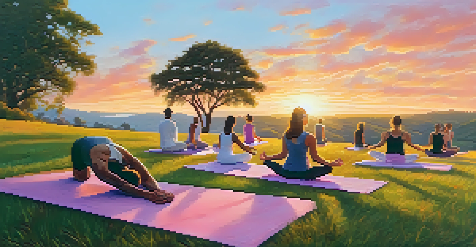 Group of people practicing yoga on a hill at sunrise, surrounded by vibrant colors of the sky.