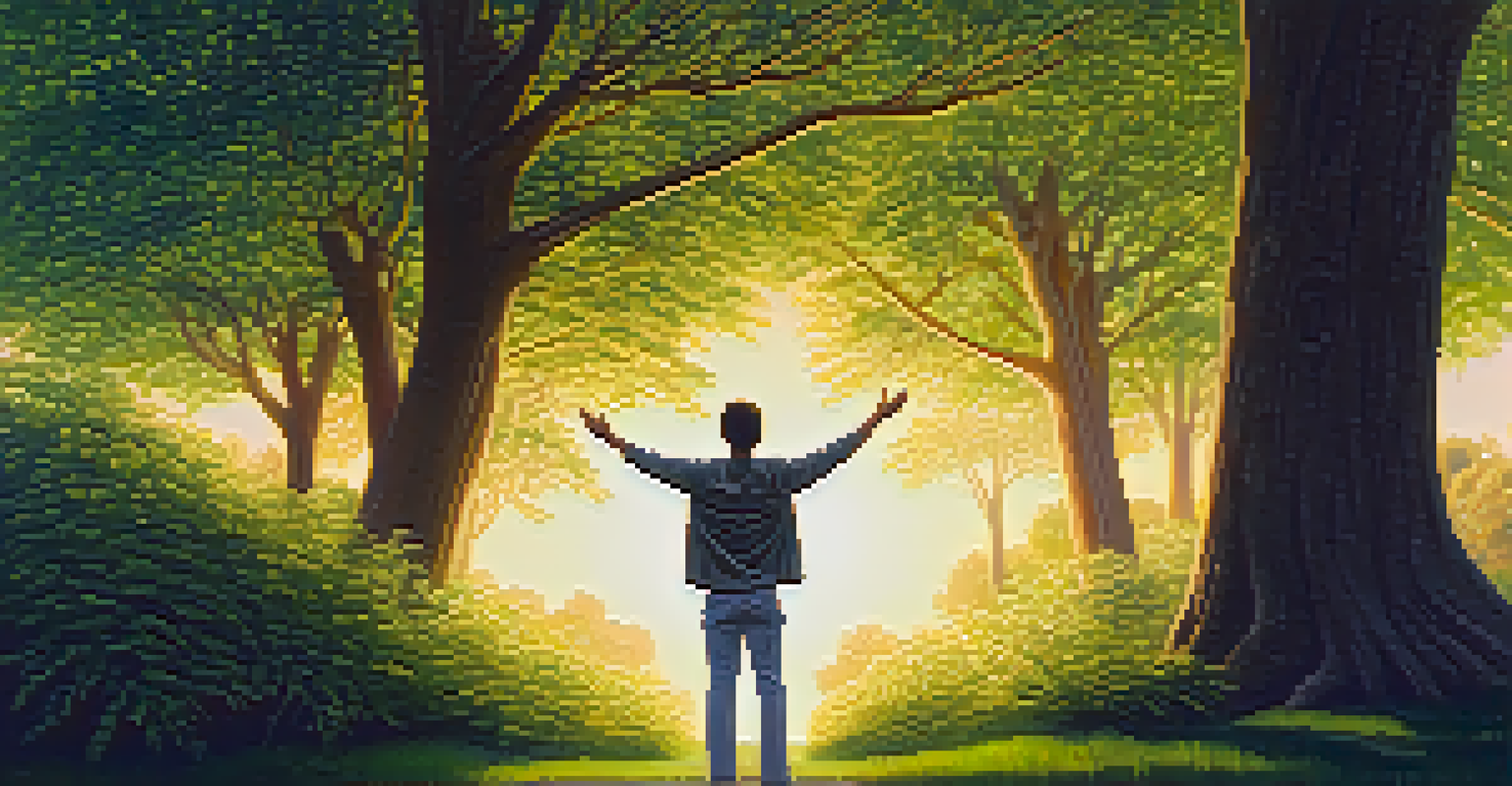 A person in a park taking a deep breath, with arms outstretched and a sunset in the background.