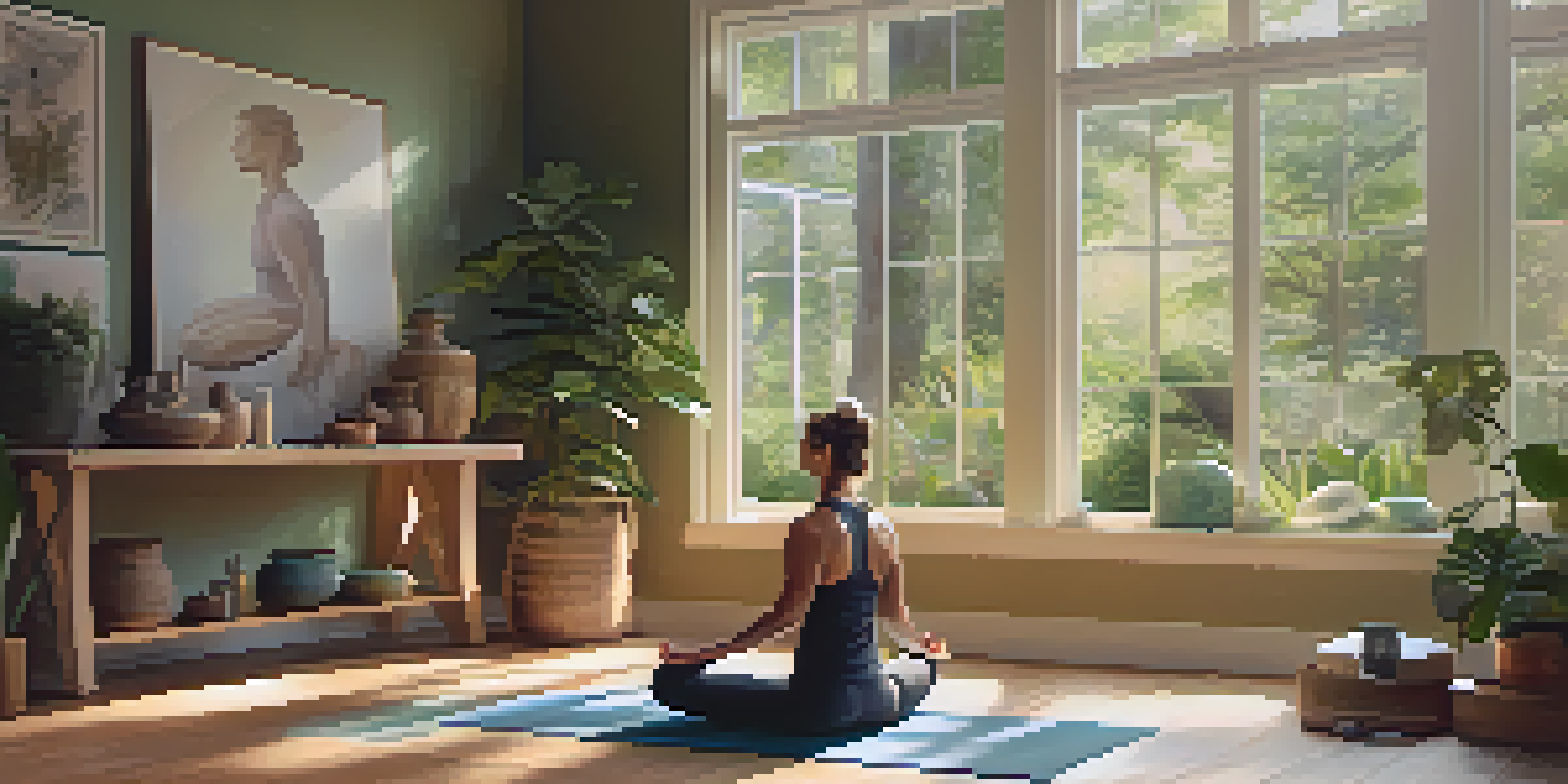 A male athlete performing Downward Dog pose in a bright yoga studio with natural elements and calming decor.