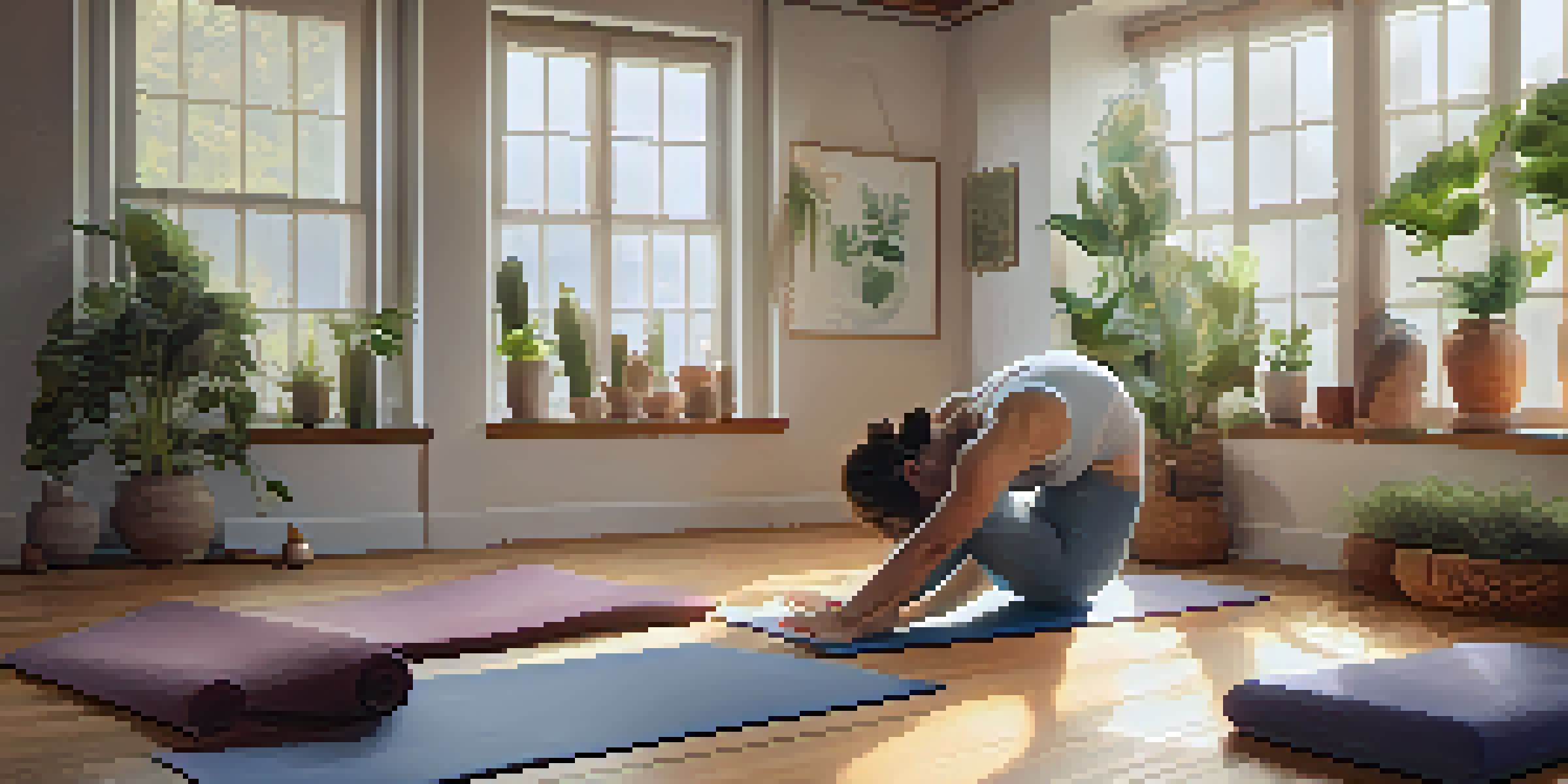 A tranquil yoga studio with natural light, wooden floor, yoga mats, and calming decor. A person in a restorative yoga pose surrounded by props, looking relaxed.