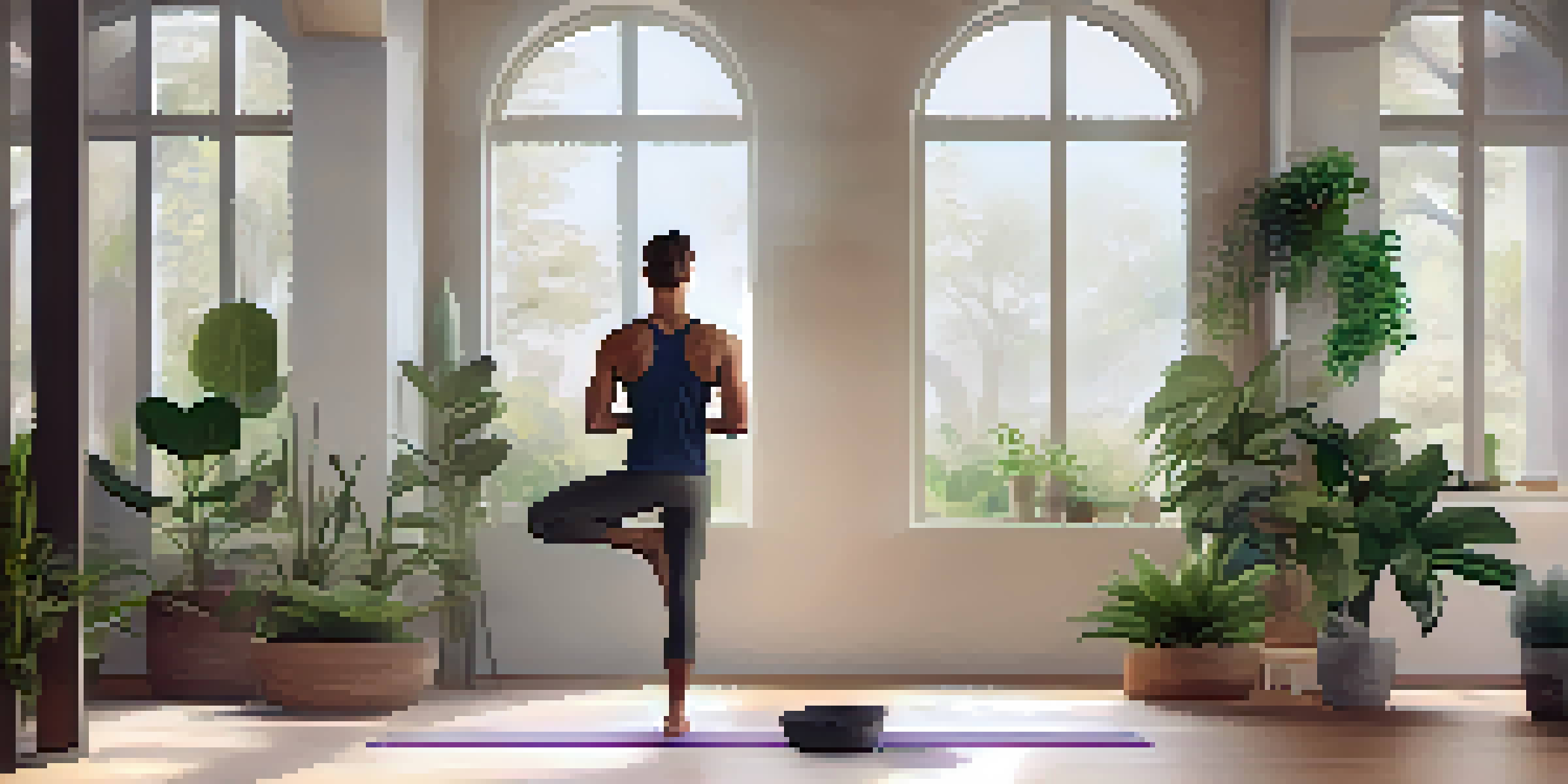 A male practicing Mountain Pose in a peaceful yoga studio with natural light and indoor plants.