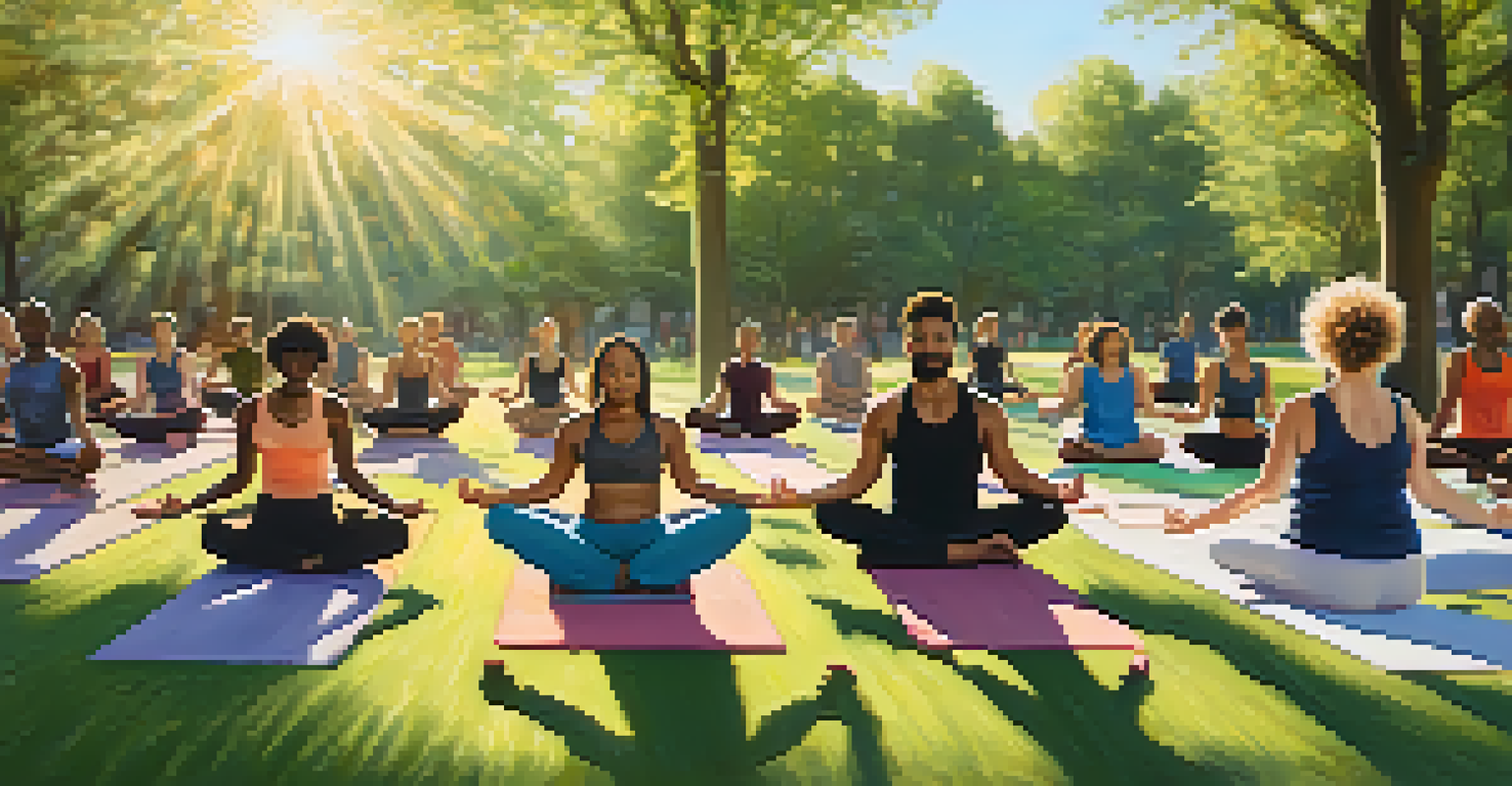 A group of people practicing yoga in a park, displaying different poses and expressions.