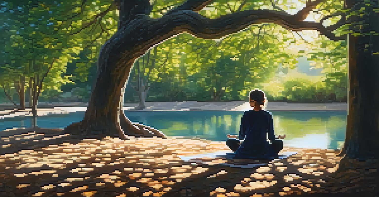 A person meditating under a tree in a natural setting with sunlight filtering through the leaves.
