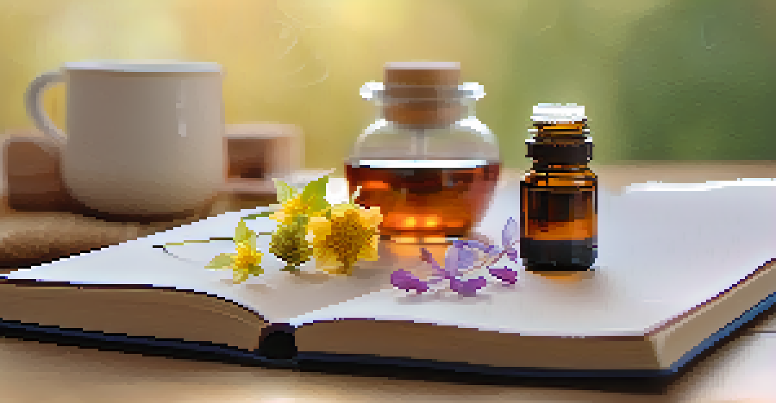 A close-up of a yoga mat with essential oils, a journal, and a cup of herbal tea, set against a warm, inviting background.