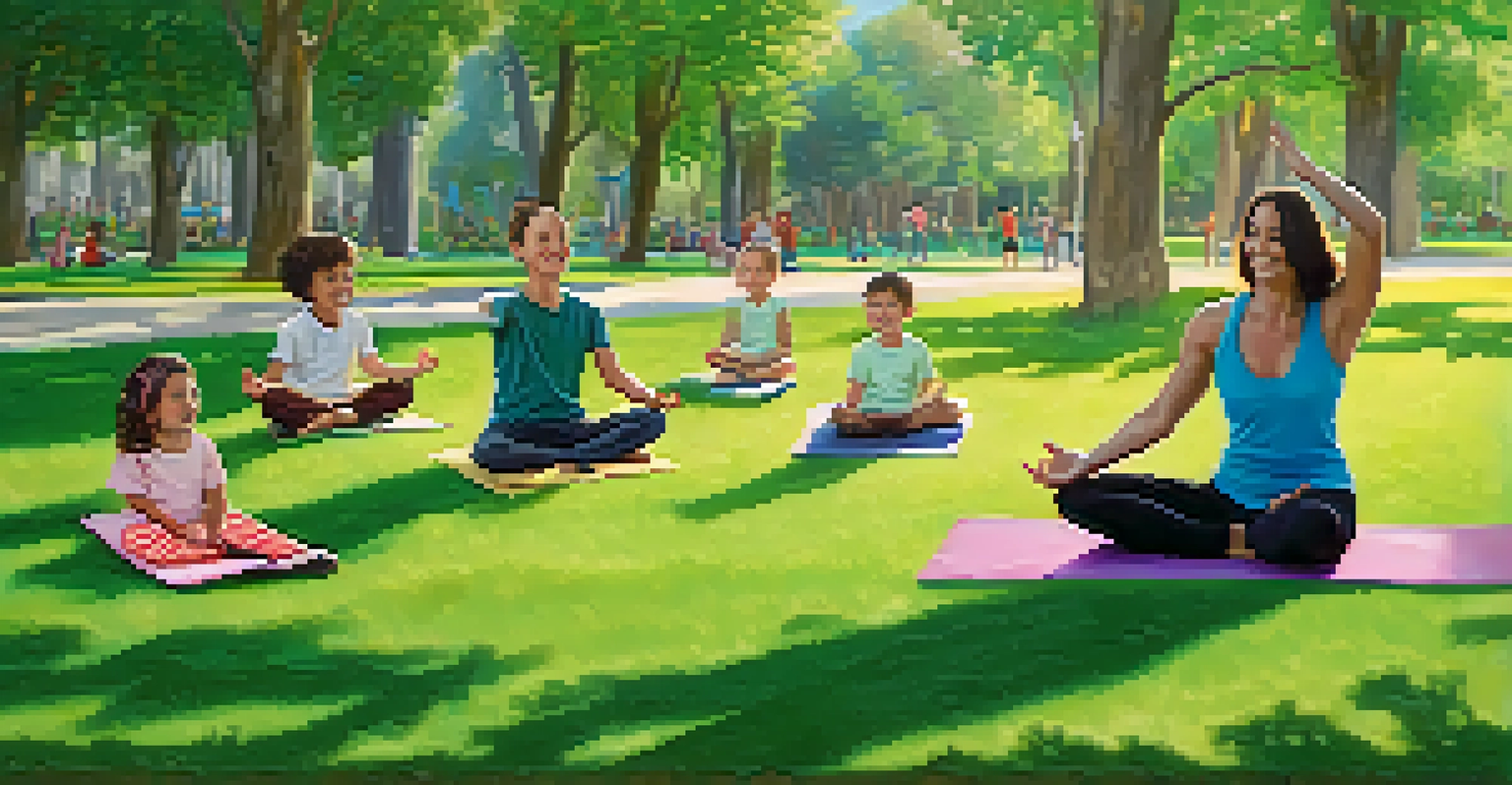 A family engaging in a playful yoga session in a park, with children performing poses and parents encouraging them.