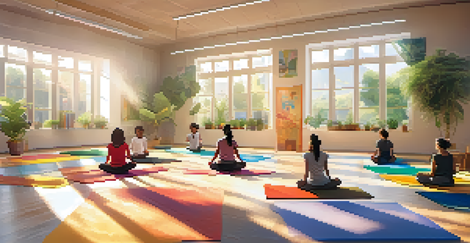 A classroom with students practicing yoga on colorful mats under warm sunlight, surrounded by plants and calming decorations.