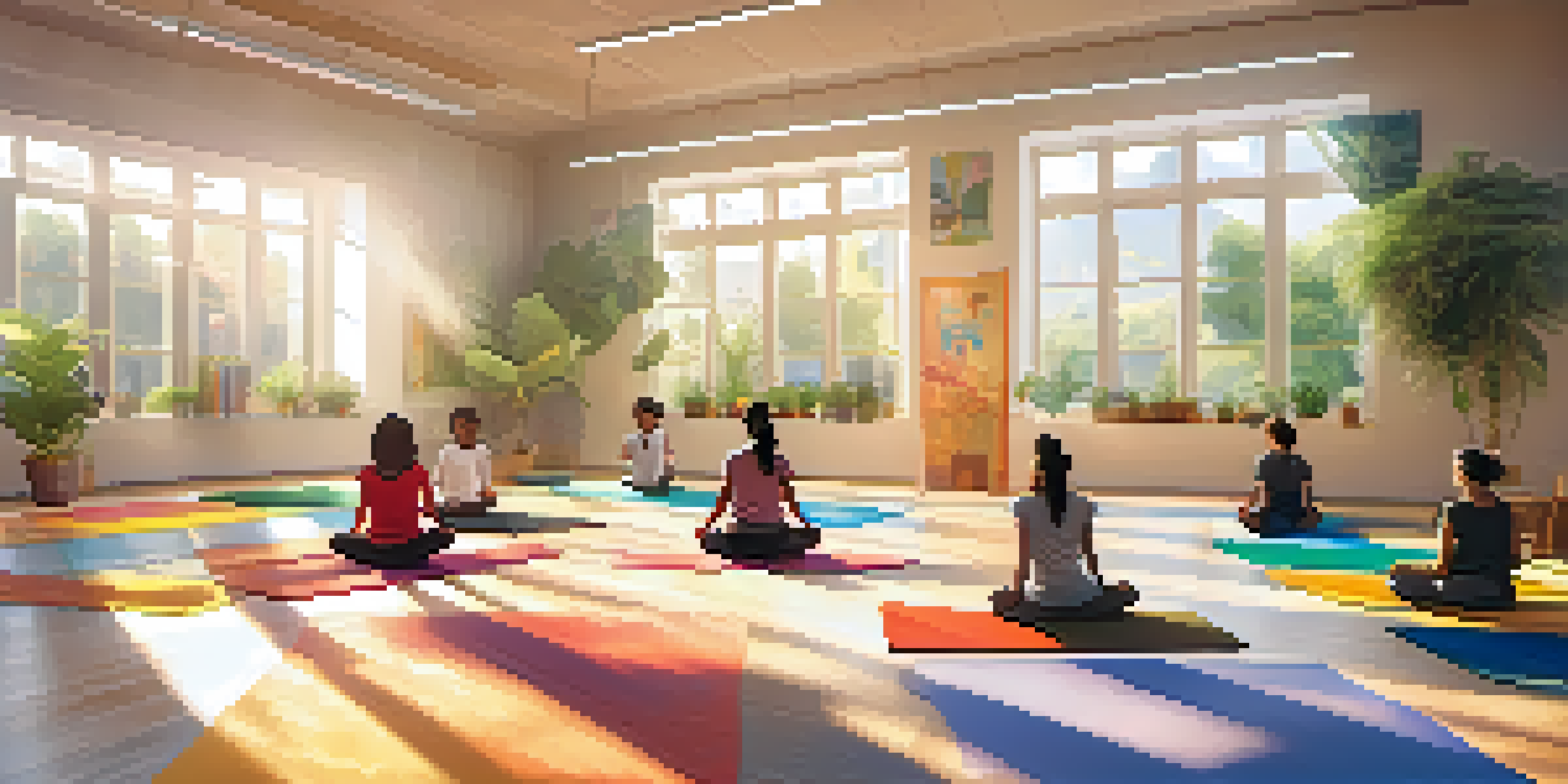 A classroom with students practicing yoga on colorful mats under warm sunlight, surrounded by plants and calming decorations.