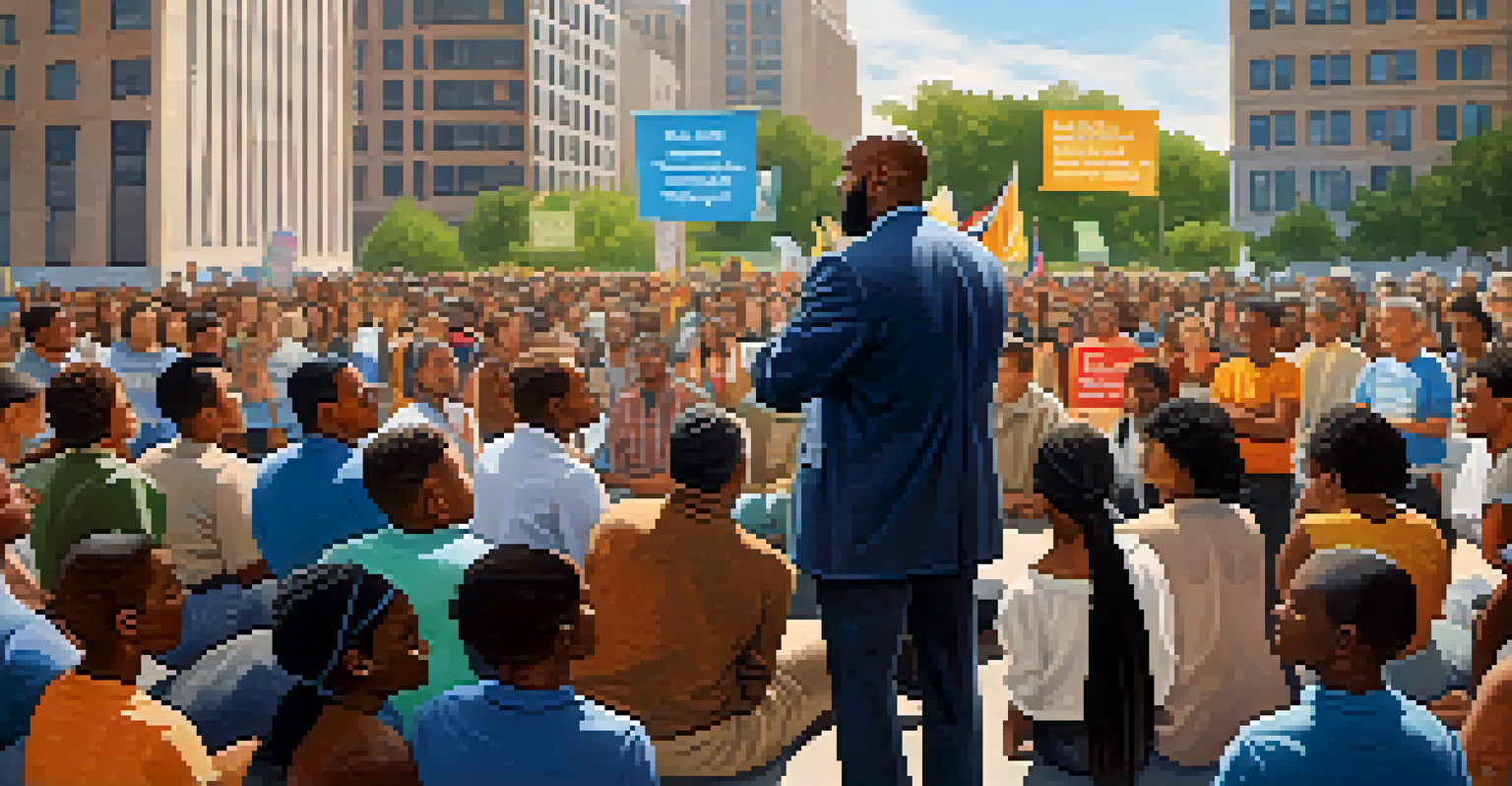A mindful leader speaking to a diverse group of activists in an outdoor setting, with banners promoting unity in the background.