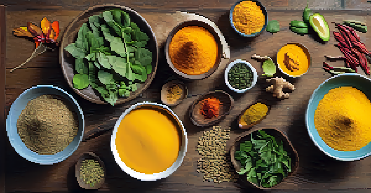 A colorful display of Ayurvedic detox foods including turmeric, ginger, and leafy greens on a wooden table.