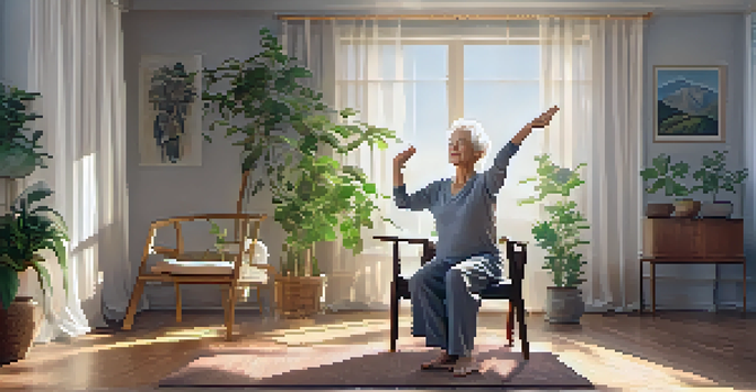 An elderly woman practicing chair yoga in a sunlit living room, raising her arms in a seated mountain pose, surrounded by plants and soft furnishings.