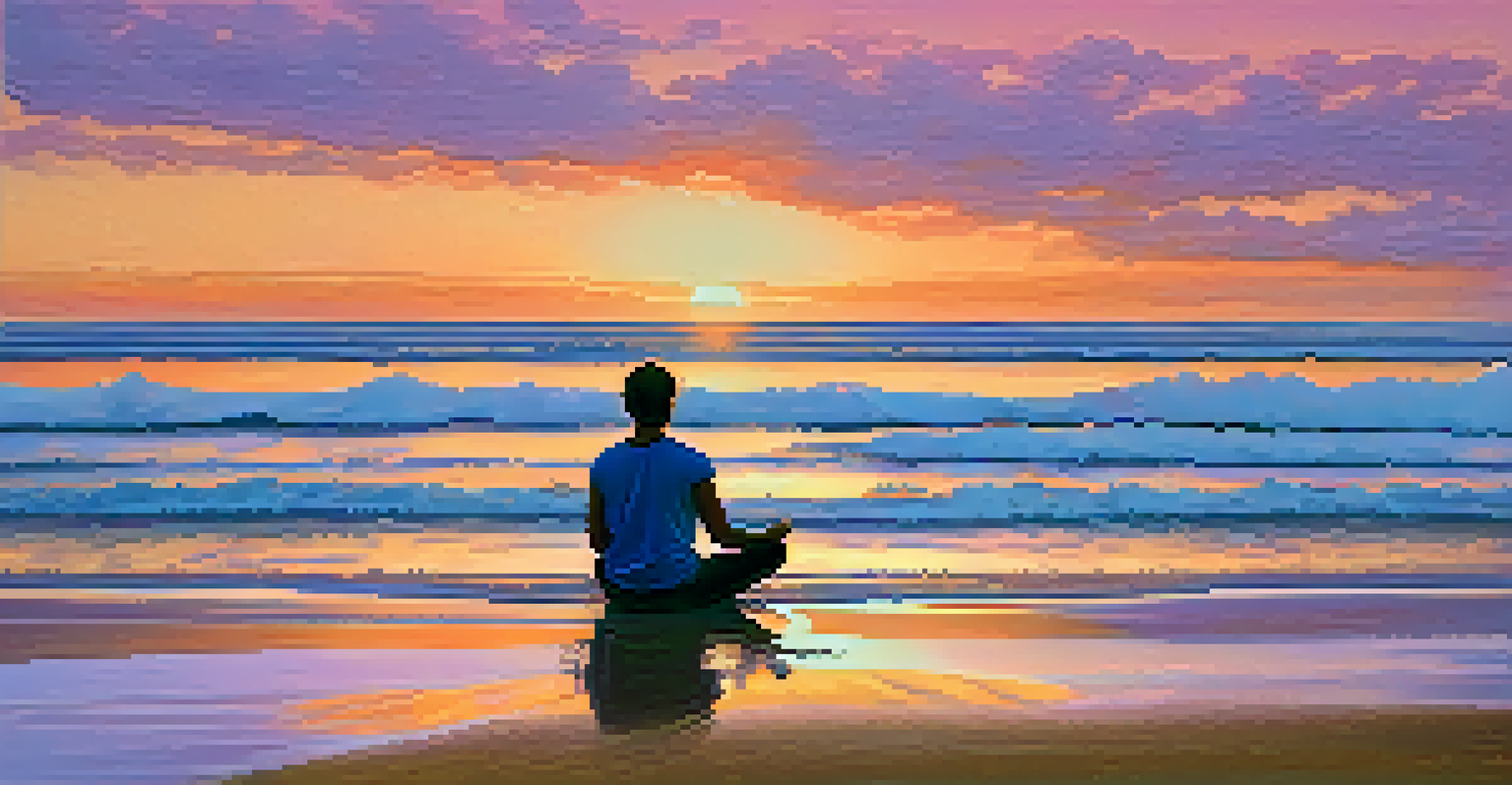 A person meditating on a beach during sunset, surrounded by the colors of the sky and the sound of gentle waves.