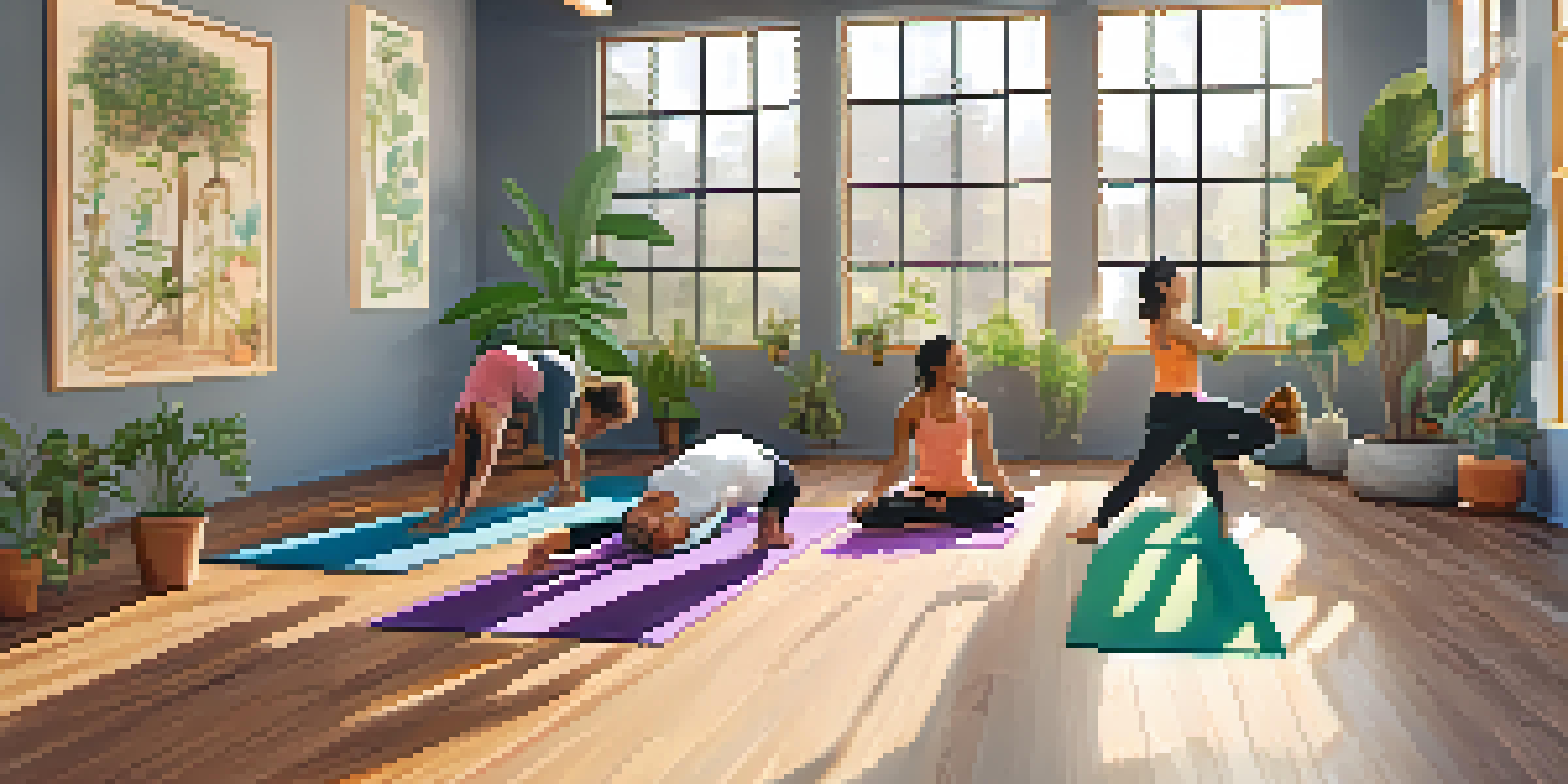 A peaceful yoga studio with people of various backgrounds practicing yoga on mats, surrounded by plants and calming artwork.