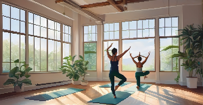 A couple practicing partner yoga in a bright and serene studio, demonstrating trust and balance in the double tree pose.