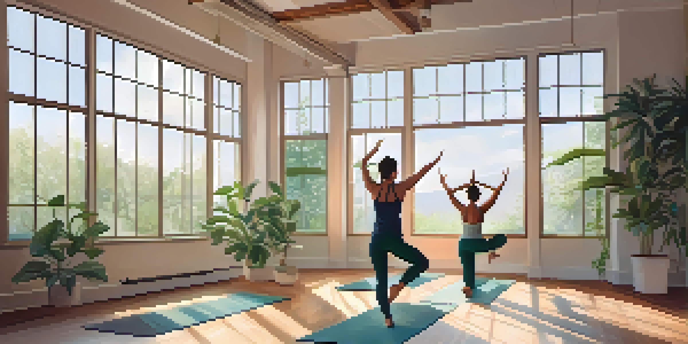 A couple practicing partner yoga in a bright and serene studio, demonstrating trust and balance in the double tree pose.
