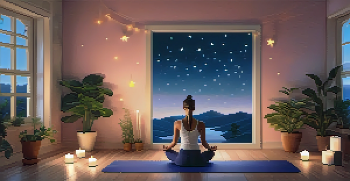 A person practicing Child's Pose on a yoga mat in a softly lit room, surrounded by plants and candles, with a peaceful night sky visible through the window.
