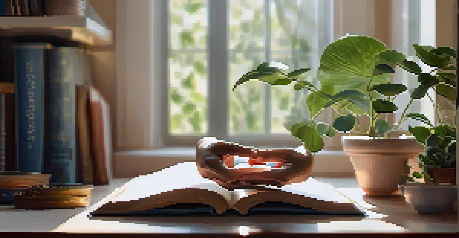 A close-up of hands in a yoga mudra with a soft-lit indoor space in the background.