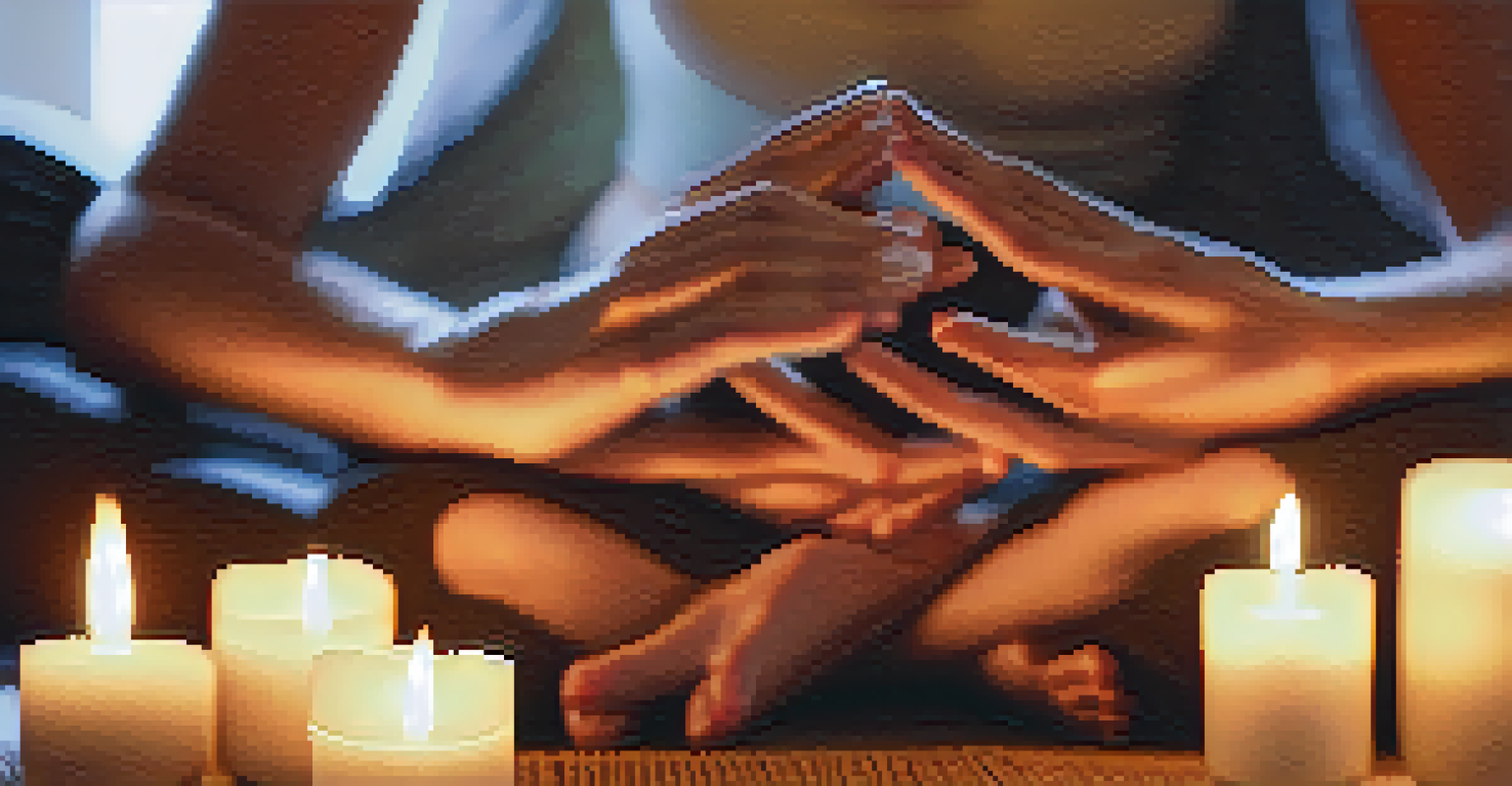 Close-up of hands in a meditative pose with a blurred background of candles and soft lighting, representing mindfulness and tranquility.