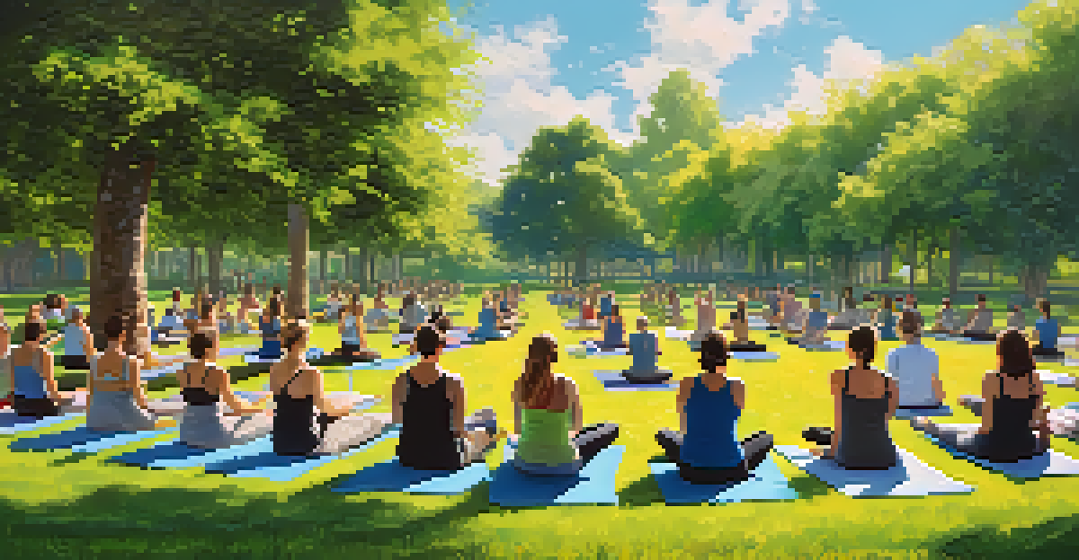 A group of diverse individuals practicing yoga outdoors in a park, using eco-friendly accessories like cork blocks and biodegradable straps.