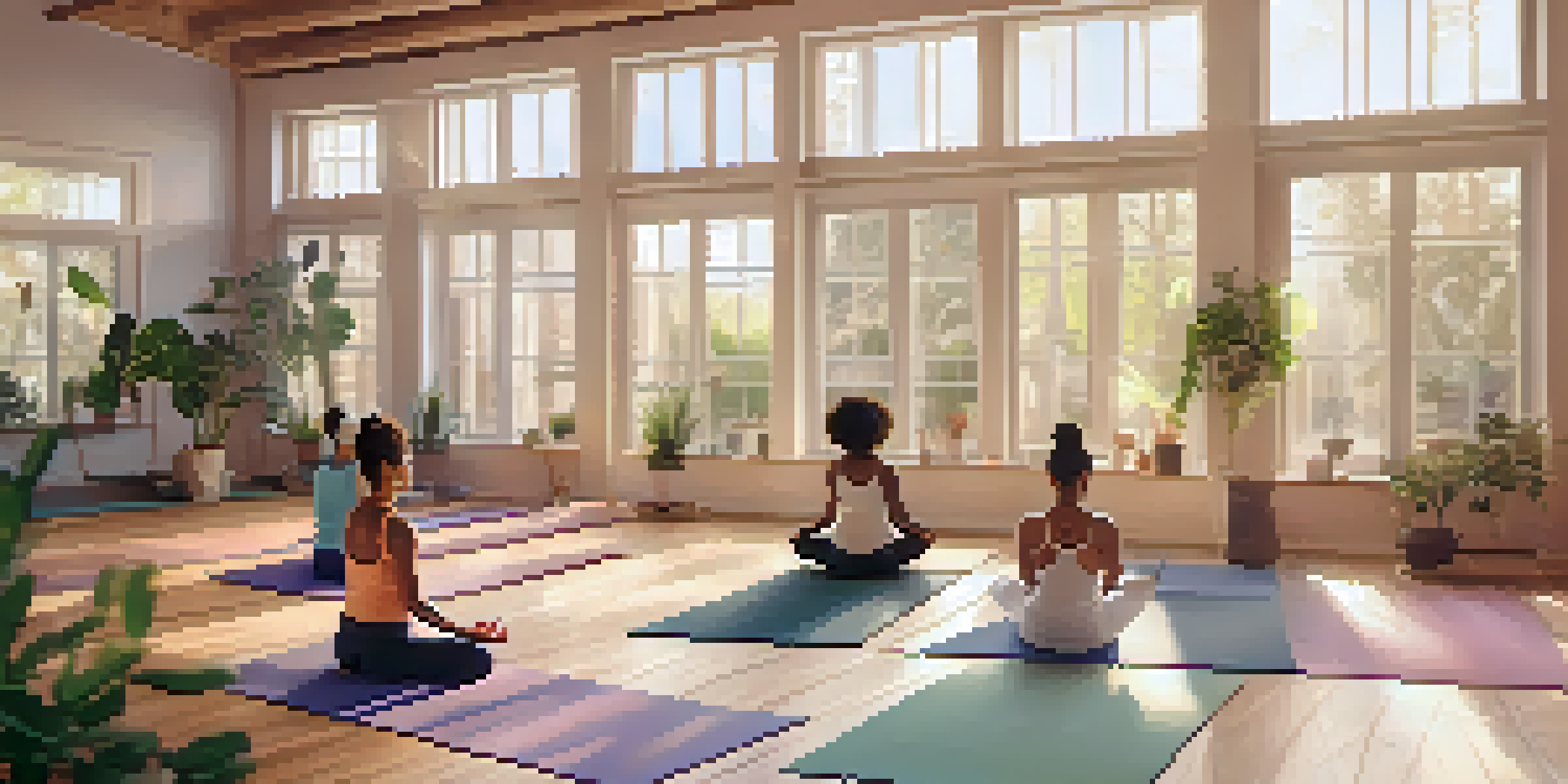 A peaceful yoga studio with natural light, wooden floors, and a diverse group practicing gentle Hatha yoga.