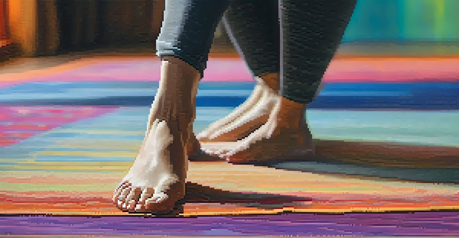 Close-up of a practitioner's feet on a colorful yoga mat, showcasing alignment in a dynamic yoga pose, with natural light and soft shadows.