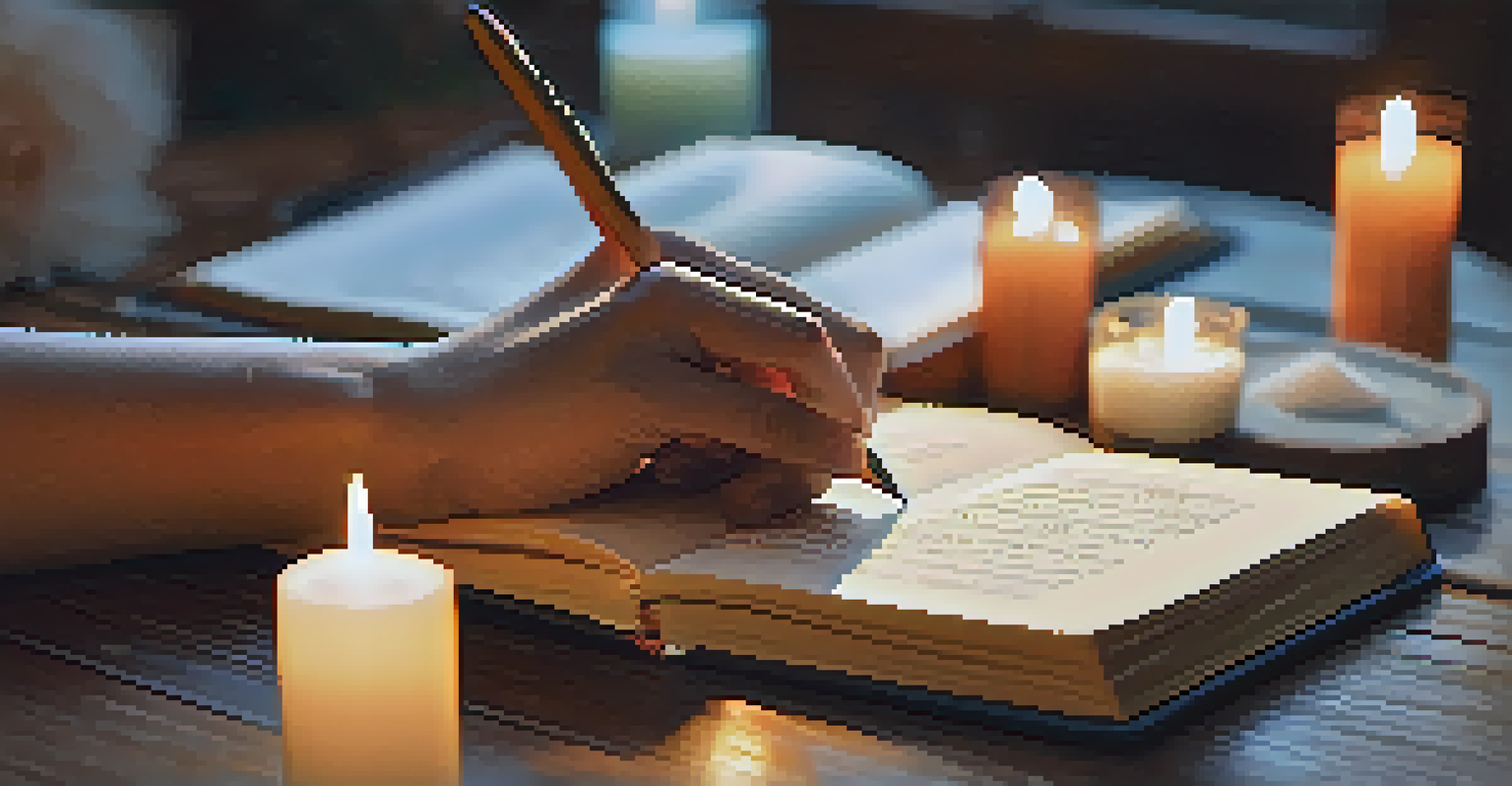 Close-up of hands writing in a yoga journal, with candles and a crystal in soft lighting.
