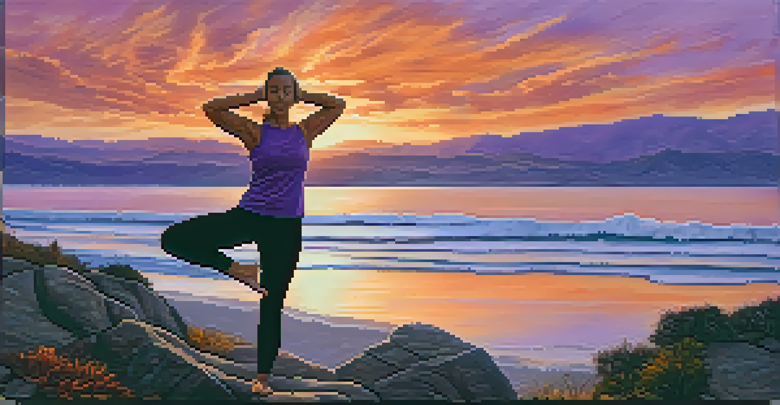 A person practicing yoga on a cliff at sunset with colorful skies and calm waters.