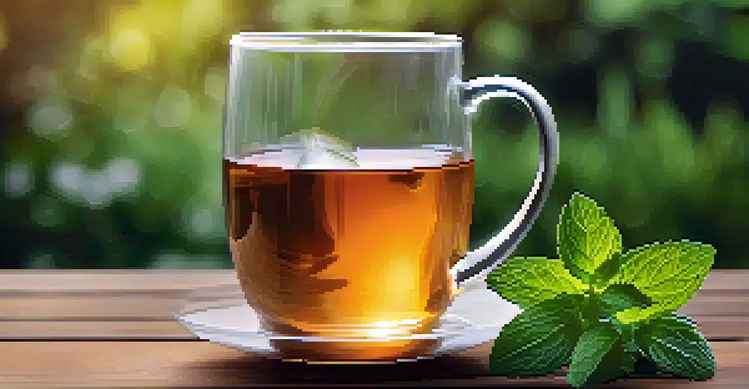 A close-up of a steaming glass of herbal tea with mint and ginger on a wooden table, set against a garden backdrop.