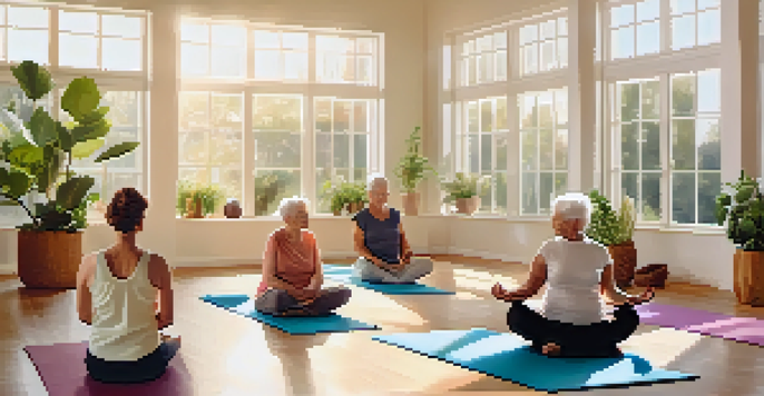A diverse group of elderly individuals practicing gentle yoga poses in a sunlit studio, surrounded by calming decor and plants.