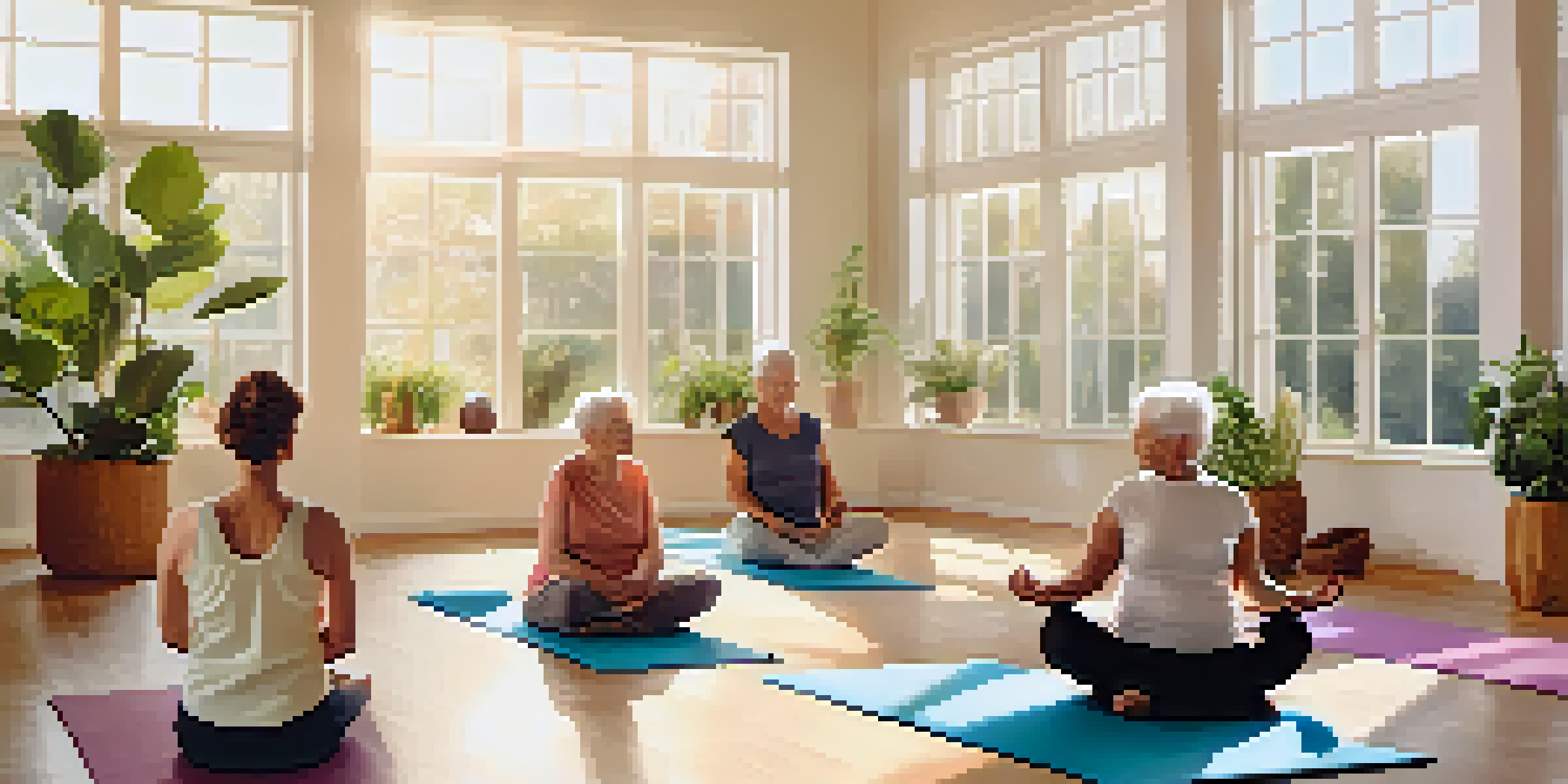A diverse group of elderly individuals practicing gentle yoga poses in a sunlit studio, surrounded by calming decor and plants.
