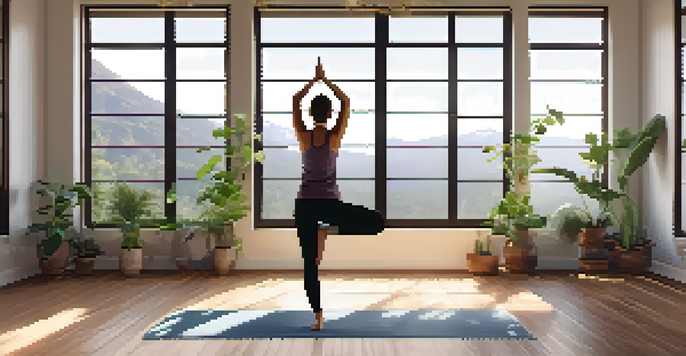 A yoga practitioner in Mountain Pose, standing tall in a serene studio with natural light and plants.