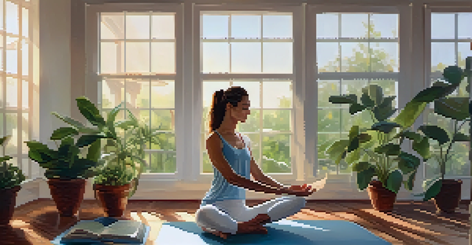 A peaceful yoga studio with a person practicing yoga, an open journal beside them, and soft morning light streaming in.