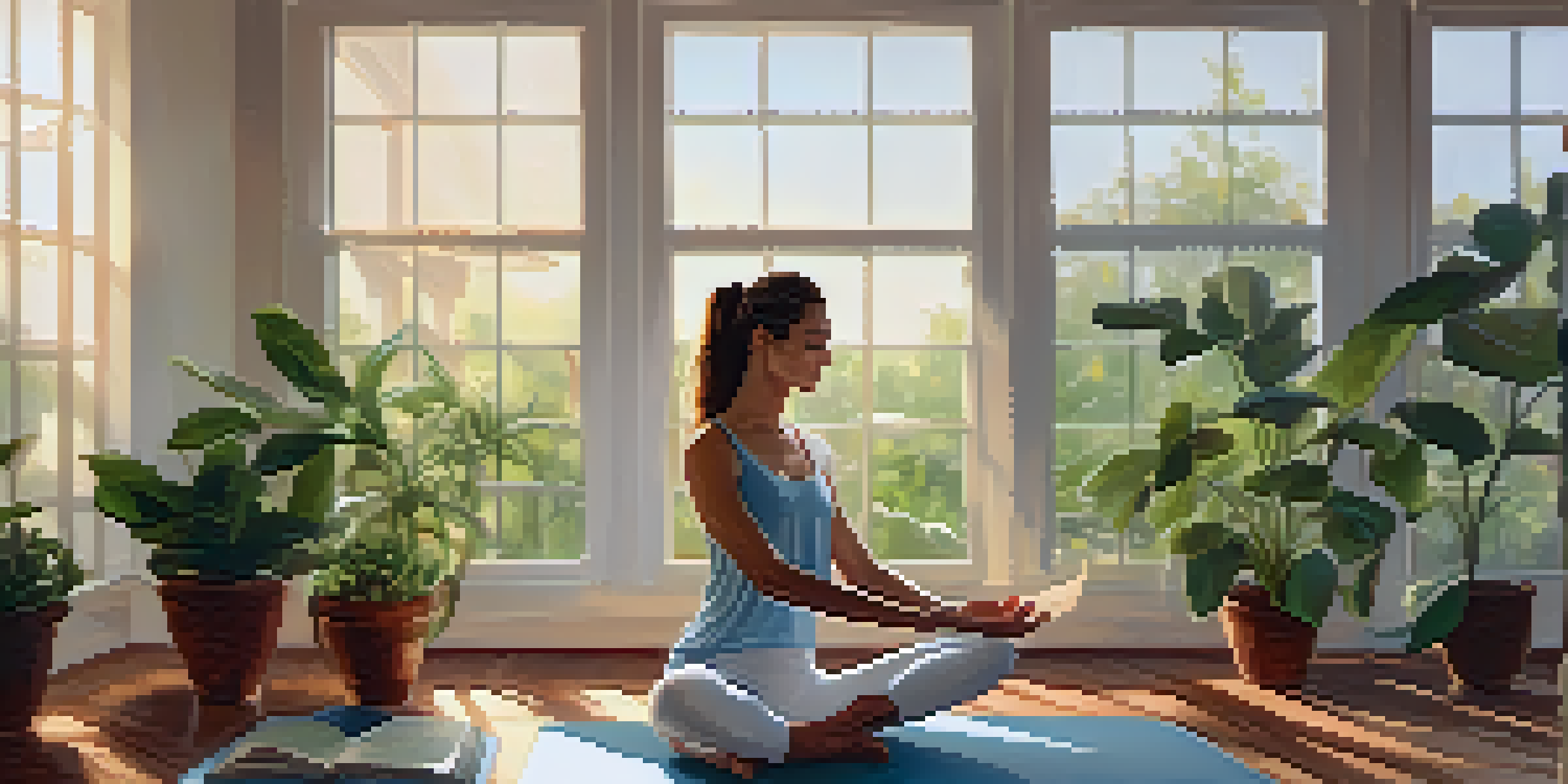 A peaceful yoga studio with a person practicing yoga, an open journal beside them, and soft morning light streaming in.