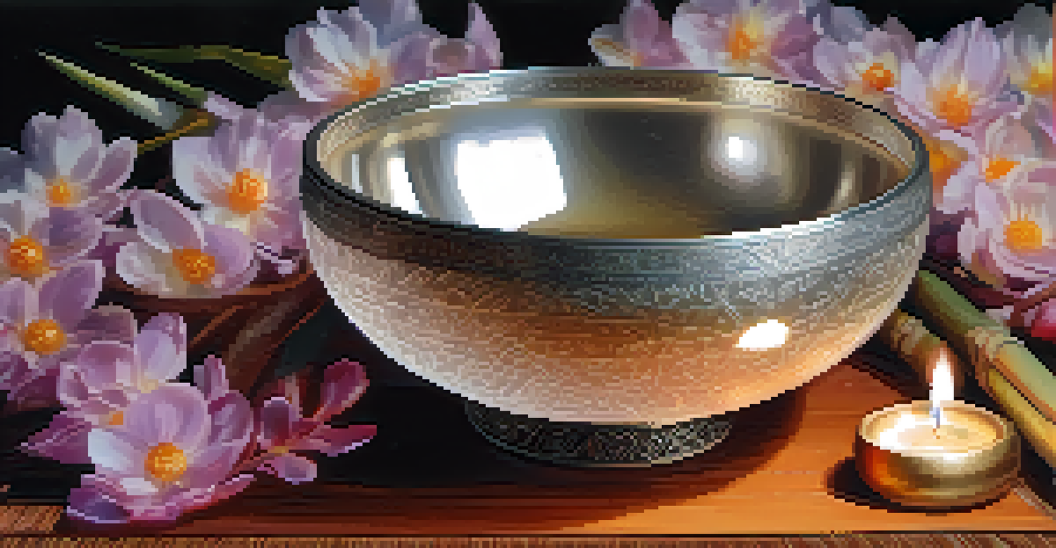 A close-up of a crystal singing bowl illuminated by soft light, placed on a textured mat surrounded by flowers and incense.