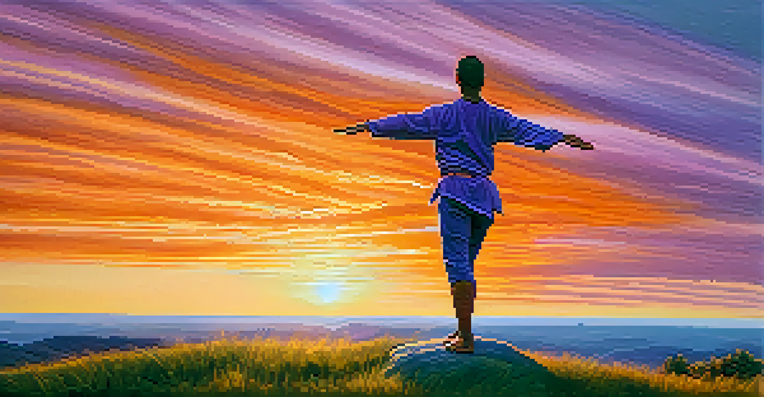 A person in Warrior II pose on a hilltop at sunset, with vibrant colors in the sky.