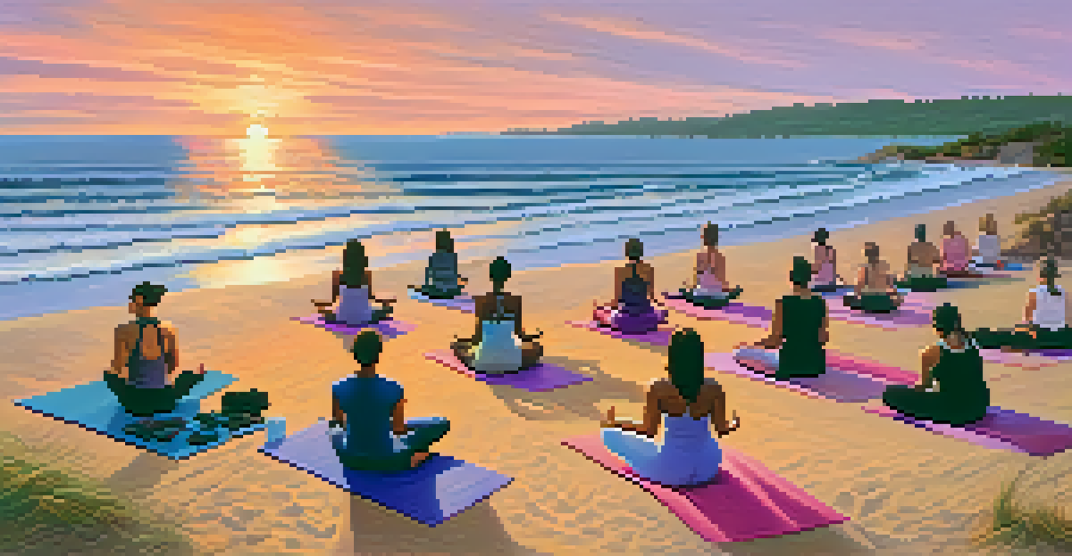 A group of people practicing yoga on the beach during a colorful sunset.
