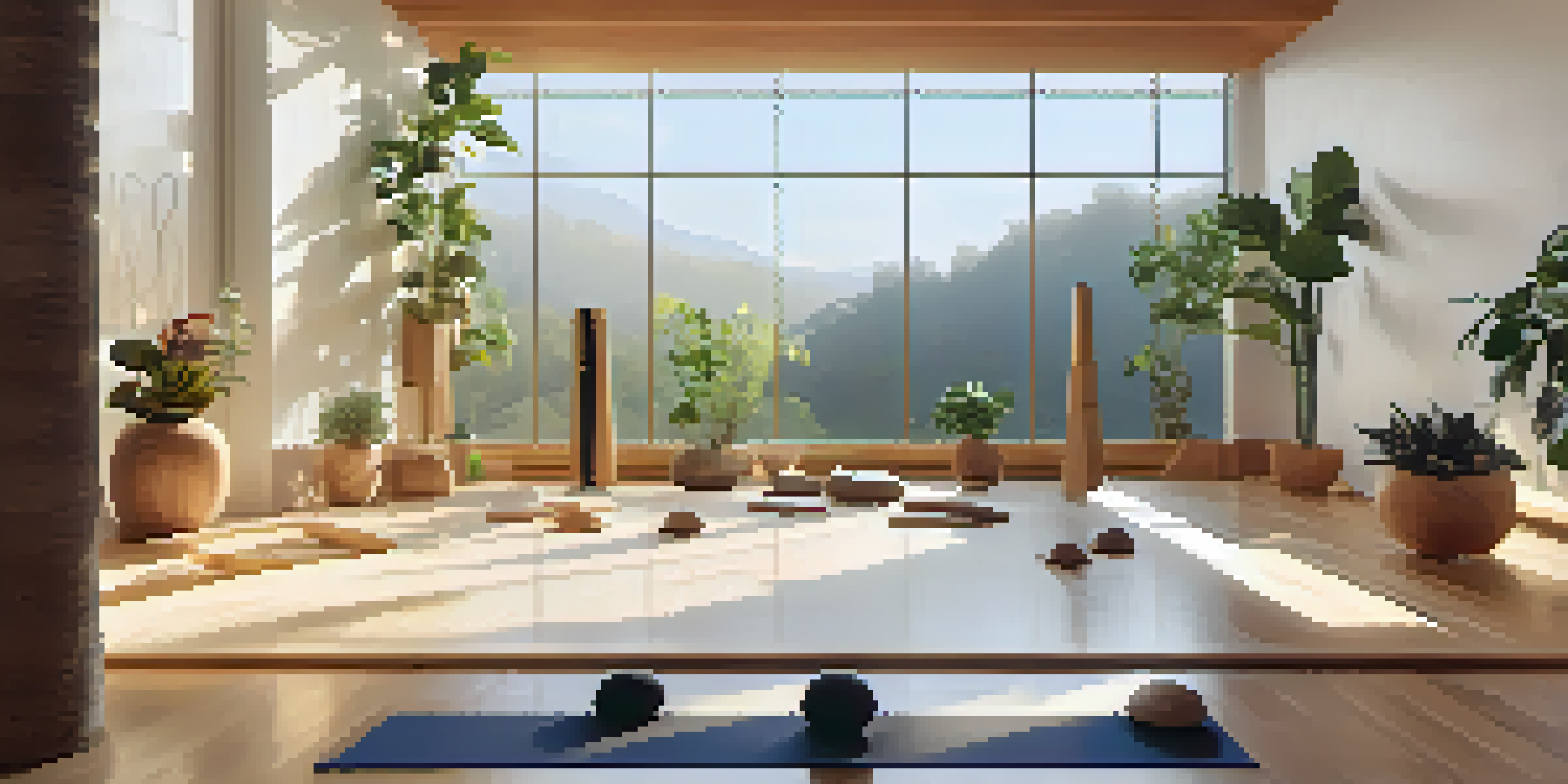 A calm art installation showcasing yoga-inspired sculptures made of wood and stone, illuminated by soft light in a sunlit gallery, surrounded by plants.
