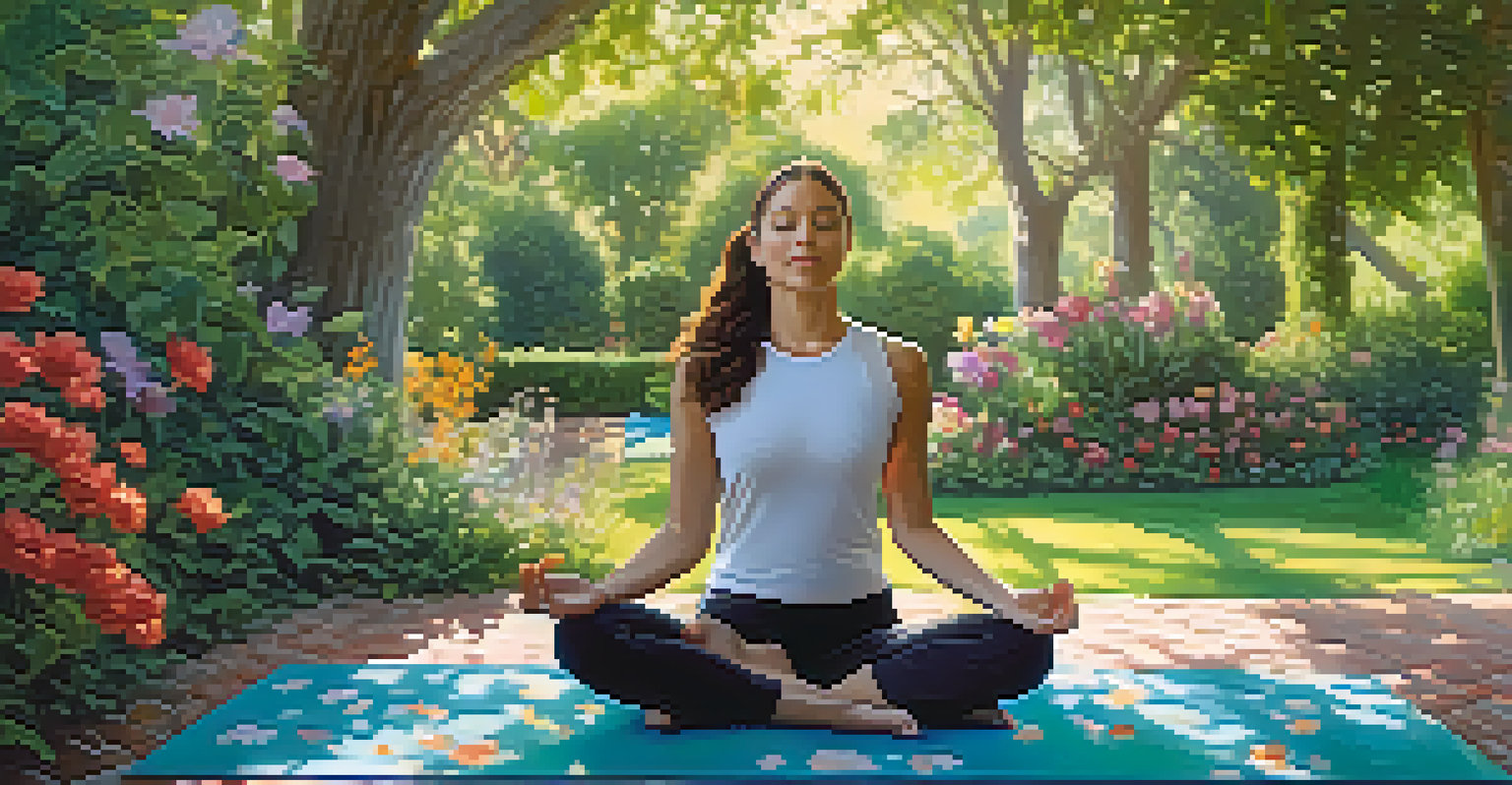 A person practicing yoga outdoors in a beautiful garden filled with flowers and sunlight.