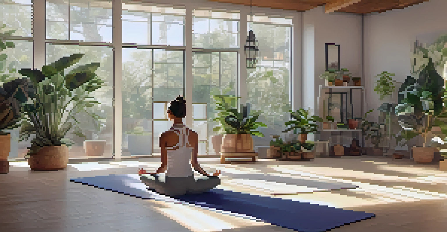A lone yogi practicing yoga in a bright, inviting indoor studio filled with plants and natural light.