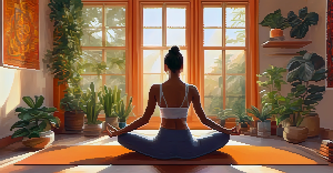 A person practicing yoga in a warm-lit studio, surrounded by plants and candles, embodying a sense of peace and creativity.