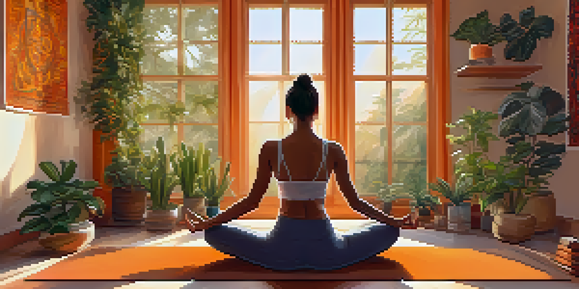 A person practicing yoga in a warm-lit studio, surrounded by plants and candles, embodying a sense of peace and creativity.