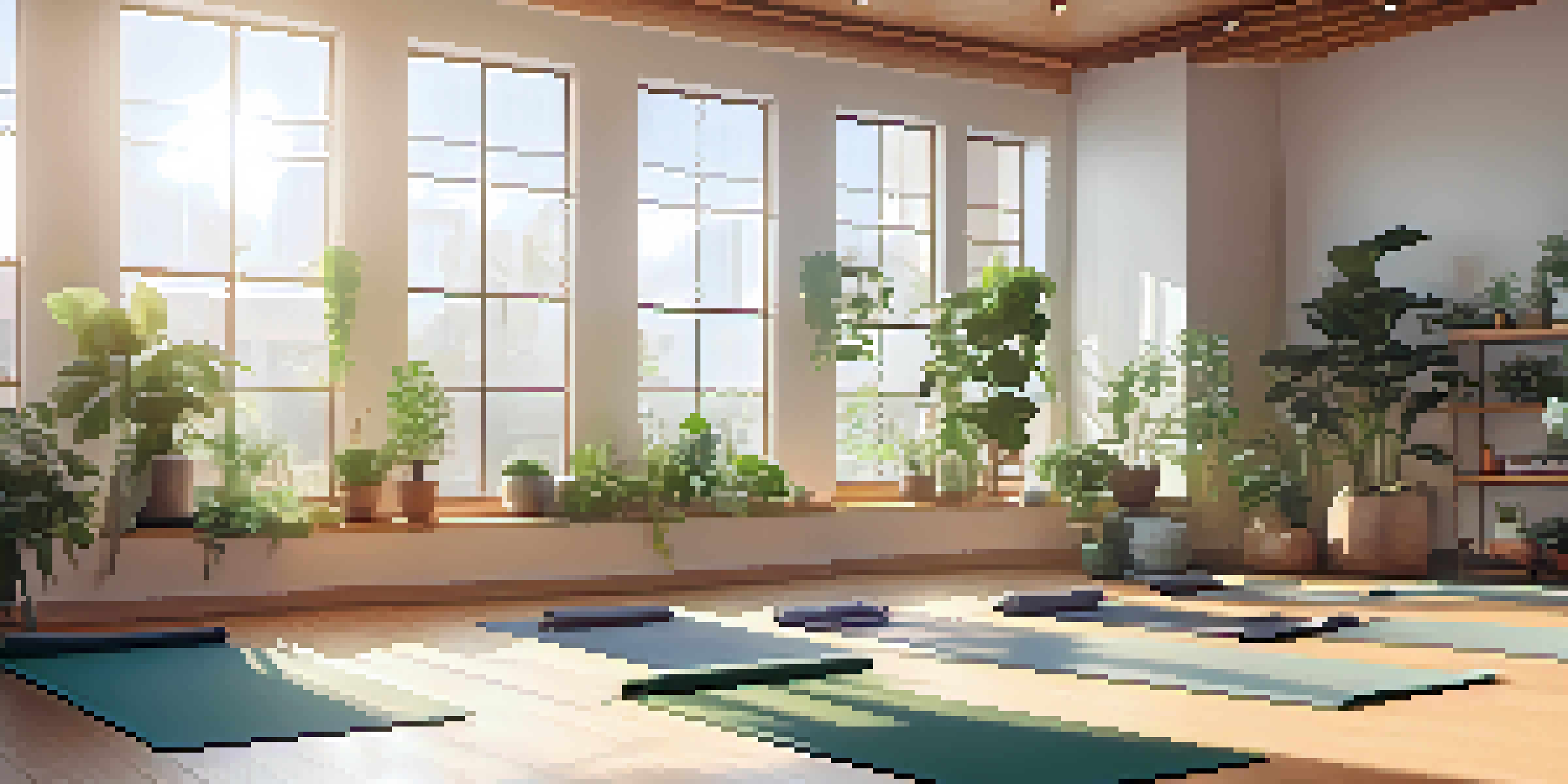 A peaceful yoga studio with sunlight and yoga practitioners in a gentle pose, surrounded by plants and yoga mats.