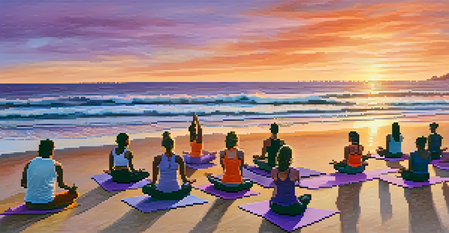 A group of people practicing yoga on the beach during sunset, with colorful skies and calm waves in the background.