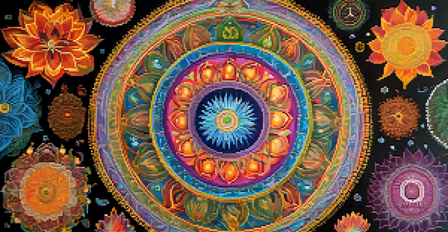 A colorful mandala showcasing the Eight Limbs of Yoga, with symbols for each limb radiating from a meditating figure.