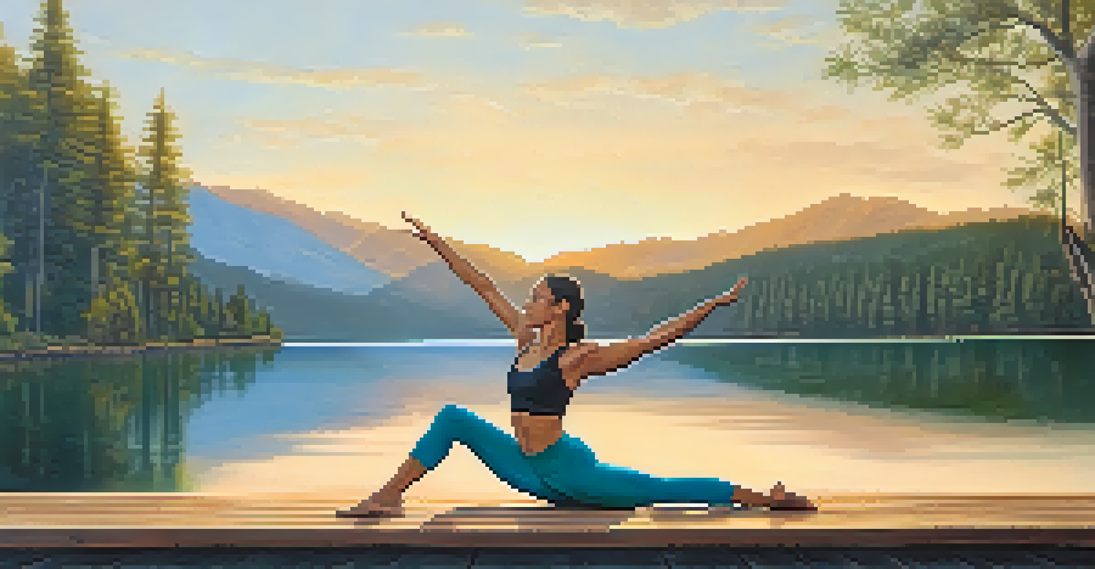 A close-up of a yogi in Boat Pose on a deck by a lake, exhibiting strength and focus with nature in the background.