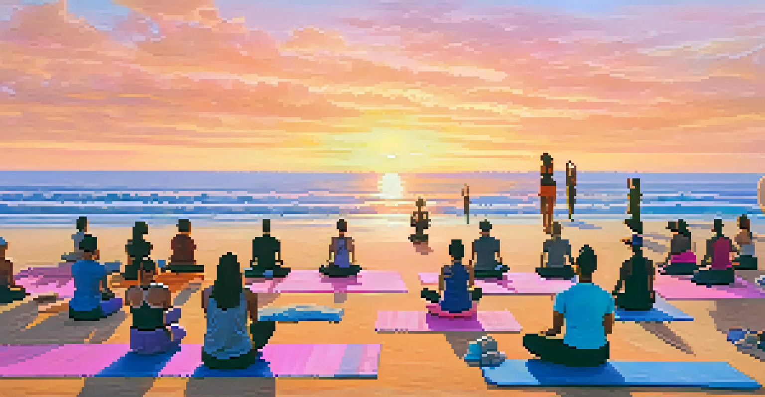 An outdoor yoga class at sunrise on a beach with participants in various poses and a colorful sky.