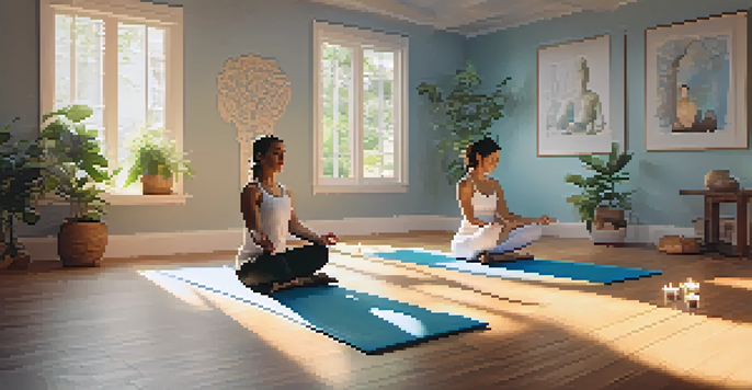 Two people practicing the 'Double Tree' yoga pose in a calming indoor environment with soft lighting and yoga props.